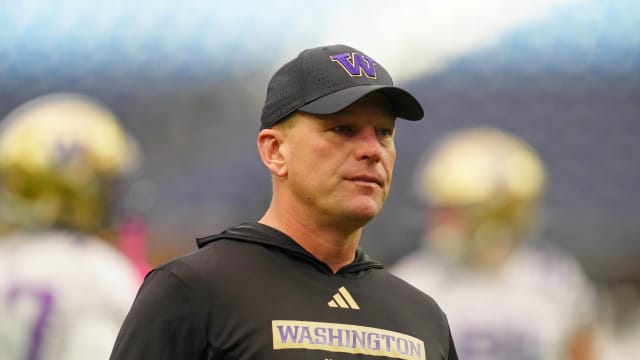 Jan 6, 2024; Houston, TX, USA; Washington Huskies head coach Kalen DeBoer looks on during a practice session before the College Football Playoff national championship game against the Michigan Wolverines at NRG Stadium. Mandatory Credit: Kirby Lee-USA TODAY Sports  